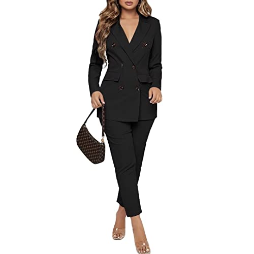 Women Double Breasted Blazer Set Formal 2 Piece Pants Outfits Long Sleeve Bussines Suit Set for Work Office Black XL