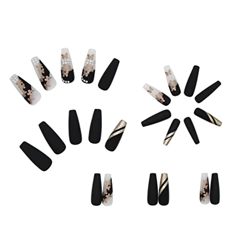 DANMANR Luxury Press on Nails Extra Long Fake Nails Black Ballerina Coffin Butterfly False Nails for Women and Girls24PCS