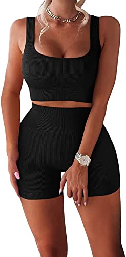 TWFRHC Women's Workout Sets Ribbed Tank 2 Piece Seamless High Waist Gym Outfit Yoga Shorts Sets