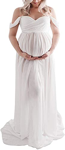 White Maternity Dress for Photoshoot Off Shoulder Chiffon Gown Split Front Maxi Pregnancy Dresses for Photography White M