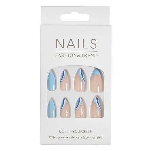 Blue French Tip Press on Nails Almond Shape Fake Nails Full Cover Glossy Acrylic Nails White And Blue Line Nails With Glitter Design Medium Length Artificial Nails Stick on Nails for Women and Girls