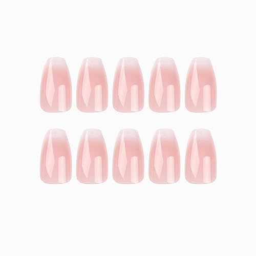 Medium Press on Nails Cute Coffin Fake Nails French Pink White Gradient Acrylic Nails Medium Length False Nails with Designs Glossy Stick on Nails for Women Girls DIY Manicure