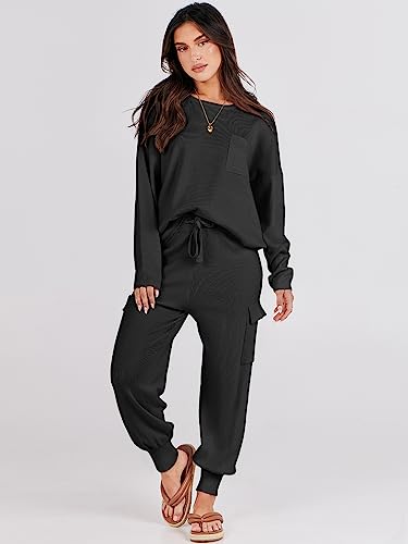 Caracilia Women's Two Piece Lounge Set Fall Outfits Loose Long Sleeve Knit Pullover Top Casual Cargo Pants with Pockets Sweater Sweat Sets 2023 Fall Winter Clothes C115A6-heise-L Black