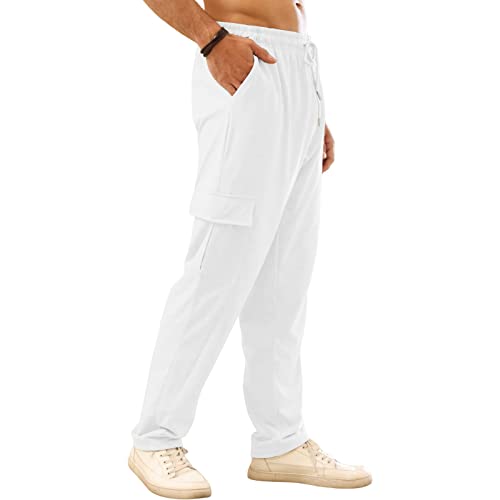 CTU Mens Workout Cargo Sweatpants Athletic Pants Open Bottom Joggers Casual Baggy Sweatpants with Pockets White