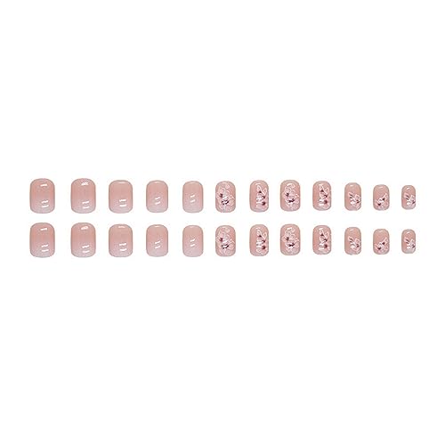 Short Press on Nails Square Fake Nails with Flower Designs French Gradient False Nails Cute Short Acrylic Press on Nails Glossy Nude Pink Stick on Nails Reusable Artificial Nails for Women Girls