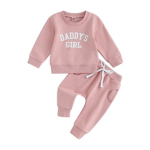 CREAIRY Newborn Baby Girl Outfits Daddy’s Girl Sweatshirt Long Sleeve T-Shirt Tops Pants Set Sweatsuit Toddler Fall Clothes (Pink, 12-18 Months)