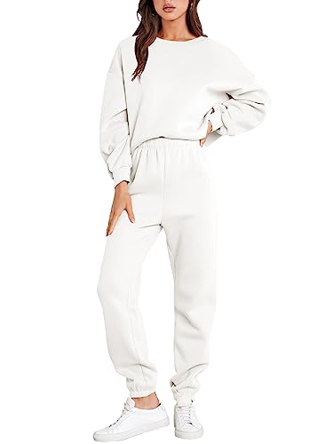 ANRABESS Women 2 Piece Outfits Sweatsuit Crew Neck Sweatshirt & Lounge Pants 2023 Casual Cozy Tracksuit Matching Sets Loungewear A1014baise-M