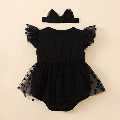 Infant Newborn Baby Girl Clothes Ruffle Sleeve Dress Romper 2Pcs Dot Mesh Skirts Hem Bodysuit with Headband Set (Black, 6-9 Months)