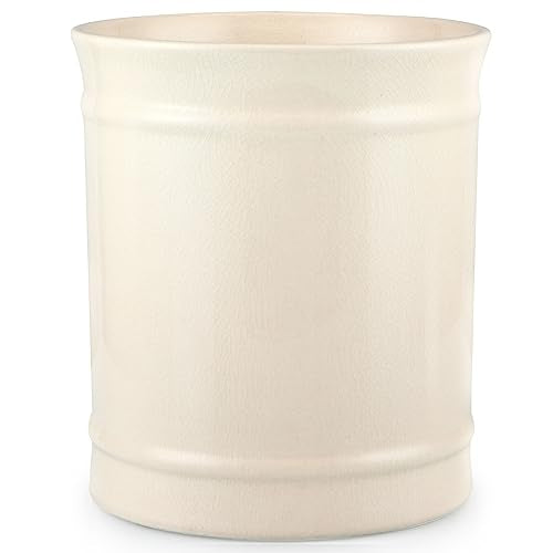 Sanbege Ceramic Utensil Crock with Ice Crack Pattern, 6.8" Large Kitchenware Caddy, Utility Utensil Holder for Cooking Tools, Makeup Brushes, Flowers, Wine Bucket (Cream White)