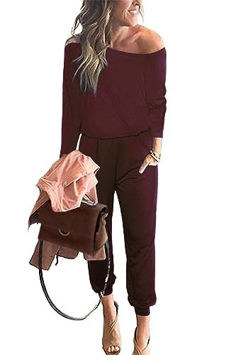 PRETTYGARDEN Women's Casual Long Sleeve Jumpsuit Crewneck Off Shoulder Elastic Waist Stretchy Romper (Wine Red,Medium)