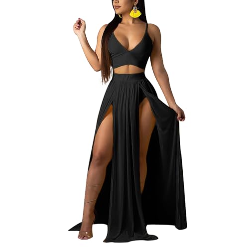 Women Sexy 2 Piece Outfits Dress Chiffon Strap Deep V Neck Bra Crop Top High Split Maxi Dresses Skirt Set Black XL