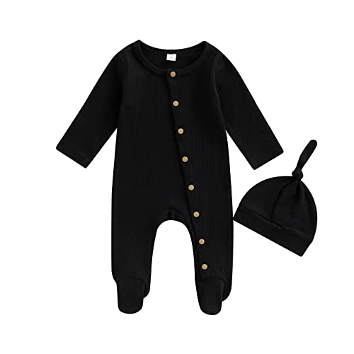 Newborn Infant Baby Boy Girl Fall Winter Clothes Long Sleeve Button Waffle Knit Footed Romper Hat 2Pcs Outfit (0-3 Months,Black)