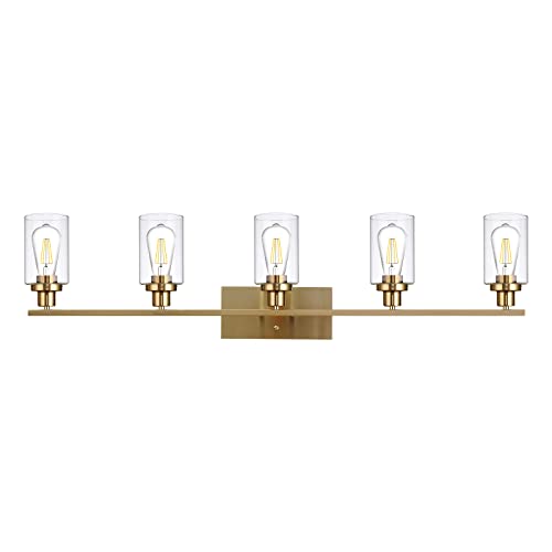 TULUCE 5 Light Bathroom Vanity Light Brushed Brass Wall Sconce with Clear Glass Shade, Modern Bathroom Wall Lamp Lighting for Bath Living Room Kitchen Mirror Dressing Powder Room