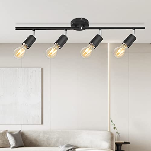 Kimjo 4-Light Track Lighting Fixtures Ceiling, Flush Mount Black Track Light Kit with Rotatable E26 Light Heads, Directional Kitchen Ceiling Spotlight for Office, Dining Room, Closet, Studio