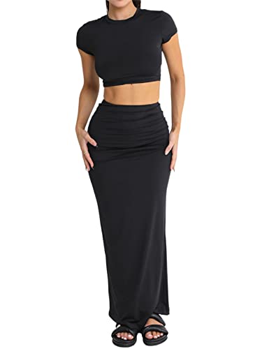 Two Piece Skirt Set for Women 2 PC Y2K Outfits Short Sleeve Crop Tops Bodycon High Waist Long Maxi Skirts Black S