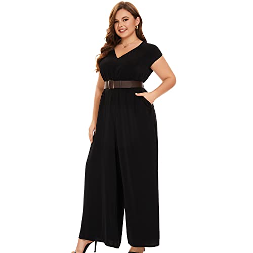 Tanmolo Jumpsuits For Women Dressy Deep V-neck Plus Size Long Romper Classy Pantsuits Wide Leg Jumpsuit,Black,0XL