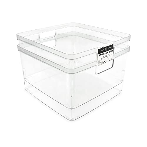 Isaac Jacobs 2-Pack Square Clear Storage Bins (10” L x 10” W x 6.1” H) w/Cutout Handles, Plastic Organizer for Home, Office, Kitchen, Fridge/Freezer, Bathroom, BPA Free, Food Safe (2-Pack, Square)