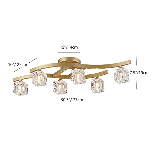 Bestier Modern Elegant Glass Crystal Ceiling Light Chandelier 6 Light Gold Flushmount Lighting Fixture L 30.5in W 10in H 7.5in