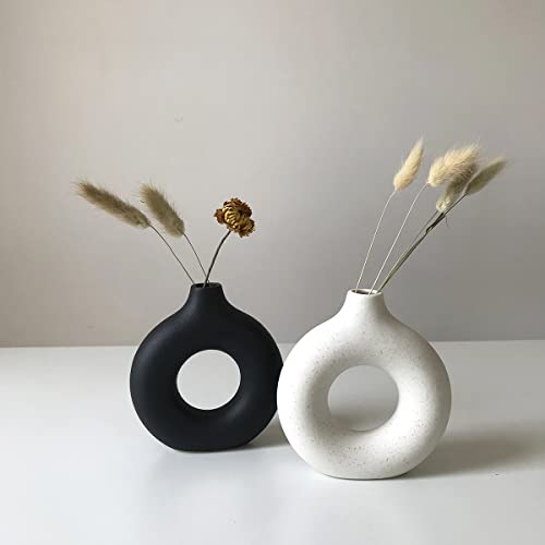 Eastern Rock White Ceramic Vases for Pampas Grass,Water Drop Design Doughnut vase Modern Home Decor Minimalist Nordic Boho Ins Style (White Mini)