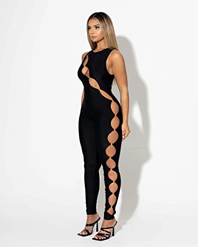 XLLAIS Sexy Buckle Jumpsuit For Women Sleeveless Cut Out One Piece Bodycon Party Club Rompers (Black Large)