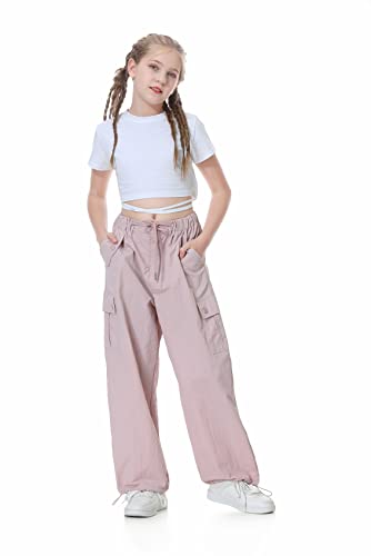 Rolanko Girls Parachute Pants, Cargo Pants for Girls Baggy Y2K Loose Jogger Trousers with Pockets (Pink, 12-14)