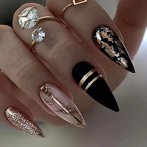 French Tip Press on Nails Almond Medium Fake Nails with Gold Line Shine Design Full Cover Reusable Black Artificial Acrylic Coffin False Nails Set Women Glue on Nails Stick on Nails for Nail Art