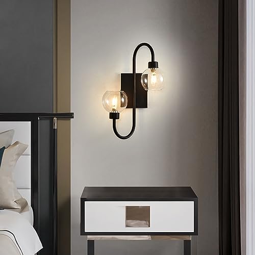 Bathroom Light Fixtures, Wall Sconces Lighting 2 Light Matte Black Finish Vanity Light Modern Wall Lighting Fixture with Clear Glass Shades Bath Wall Lamps for Mirror Bedroom Hallway Living Room