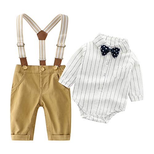 Baby Boys Gentleman Outfits Wedding Suits, Infant Long Sleeve Shirt+Bib Pants+Bow Tie Overalls Clothes Set Yellow 3-6 Months