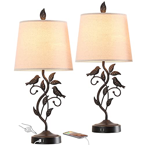 Set of 2 Touch Control Living Room Table Lamps with 2 USB Ports, Vintage Nightstand Lamp, 3-Way Dimmable Desk Lamp with Cream Fabric Shade, Rustic Iron Leaf Lamp for Bedroom Office, LED Bulb Included