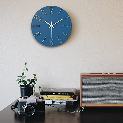 fapugh 12 Inch Wall Clock Silent Non Ticking, Preciser Modern Style Decor Clock for Home, Office, School, Kitchen, Bedroom, Living Room （Blue）