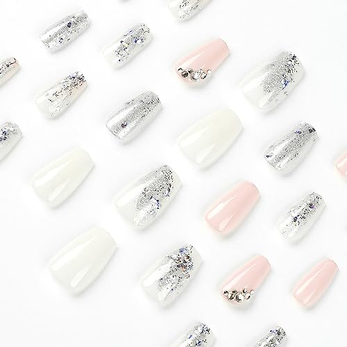 Silver Glitter Press on Nails Medium Square Fake Nails with Rhinestones Design Glossy Pink White Artificial False Nails for Women Girls DIY Manicure Decoration Reusable Stick on Nails Glue on Nails