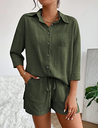 Beyove Summer Women's Casual Two Pieces Tracksuit 3/4 Sleeve Button-Down High Low Shirt High Waisted Shorts Set, Army Green L