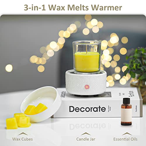 Wax Melts Candle Warmer Burner - Ceramic Fragrance Wax Warmer 3-in-1 Essential Oil Burner Electric Scented Fragrance Candle Melter for Scented Wax Tart Cube Aromatherapy Home Office Bedroom Gifts