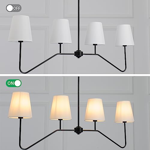 4-Light Linear Chandeliers for Dining Room, 43.3'' Black Kitchen Island Lighting, Modern Classic Pendant Lighting Fixture with White Linen Shades for Dining Room Living Room Kitchen Island (E12 Base)