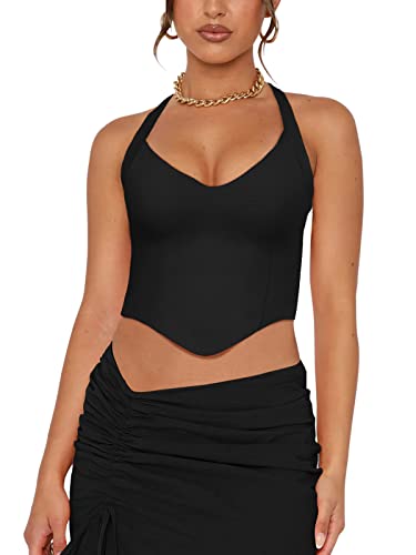 REORIA Women's Summer Sexy Halter V Neck Sleeveless Backless Y2K Trendy Crop Tank Tops for Going Out Black Medium