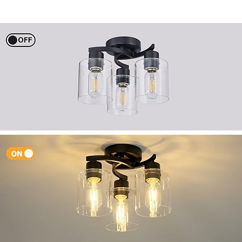 Flush Mount Ceiling Light, 3-Light Close to Ceiling Light Fixtures, Matte Black Bedroom Light Fixtures with Clear Glass Shades, Hallway Light Fixtures with E26 Socket for Kitchen Entryway Foyer