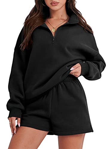 Prinbara 2 Piece Lounge Set For Women Outfits Fall Sweatsuit Fleece Oversized Half Zip Sweatshirt Casual Loose Matching Short Set Loungewear Sweat Set Preppy Clothes Black 7PA75-heise-M