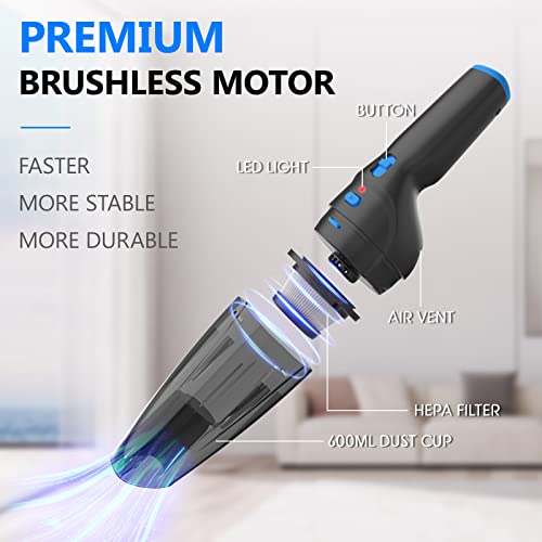 Cordless Handheld Vacuum Cleaner, Car Vacuum Cordless Rechargeable with 20 Mins Runtime, Powerful Lightweight Hand Held Vacuum with 10000 Pa Strong Suction for Mini Vacuum for Pet, Car, Home（Blue）