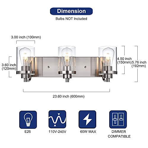 TODOLUZ 3 Light Bathroom Fixtures Mirror 3-Light Bathroom Light Fixtures Over Mirror, Modern Brushed Nickel Vanity Lighting with Clear Glass Shades for Living Room Bedroom Hallway