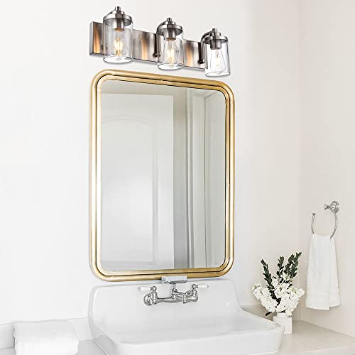 TODOLUZ 3 Light Bathroom Fixtures Mirror 3-Light Bathroom Light Fixtures Over Mirror, Modern Brushed Nickel Vanity Lighting with Clear Glass Shades for Living Room Bedroom Hallway