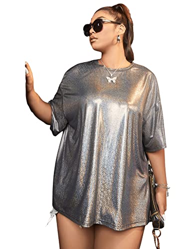 Verdusa Women's Plus Size Metallic T Shirt Drop Shoulder Oversized Tee Top Grey 0XL