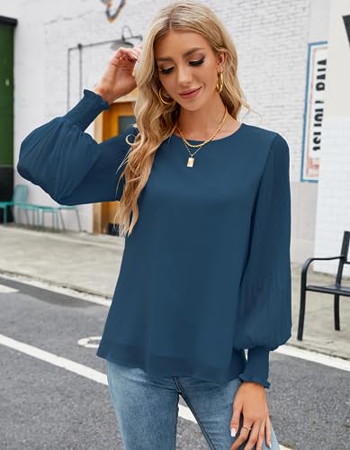 Womens Tops Fall Fashion 2023 Outfits Long Sleeve Dressy Casual Tops Business Work Blouses for Teacher Office Wear Peacock Blue