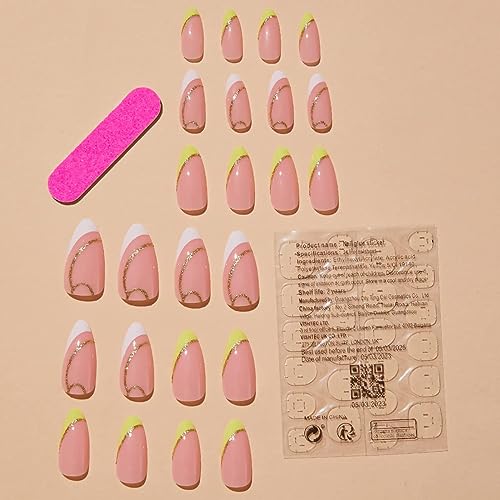 diduikalor 24Pcs Press On Nails Almond Fake Nails Green and White French Tips False Nails with Design Acrylic Glue On Nails Kit Natural Reusable Stick On Nails for Women and Girls