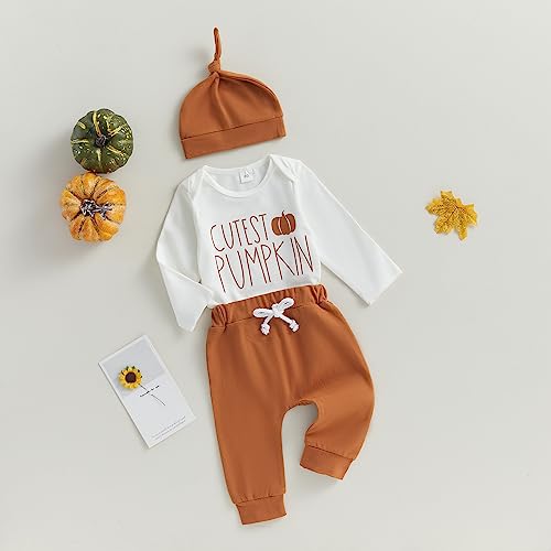 My First Halloween Baby Boy Outfit Newborn Cutest Pumpkin Print Long Sleeve Romper Onesie Pants Clothes Set (Cutest Pumpkin Brown White, 0-3 Months)