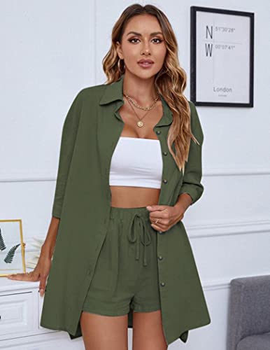 Beyove Summer Women's Casual Two Pieces Tracksuit 3/4 Sleeve Button-Down High Low Shirt High Waisted Shorts Set, Army Green L