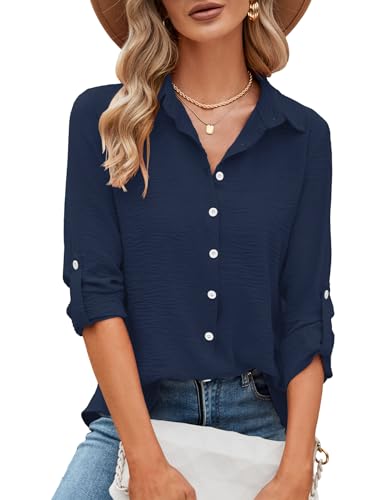 Business Casual Tops for Women,Cute Spring Summer Half Sleeve Button Down Shirts Dressy Casual Curved Hem Blouses Teacher Business Casual Outfits Elegant Wrinkle Free Work Blouses Navy Blue