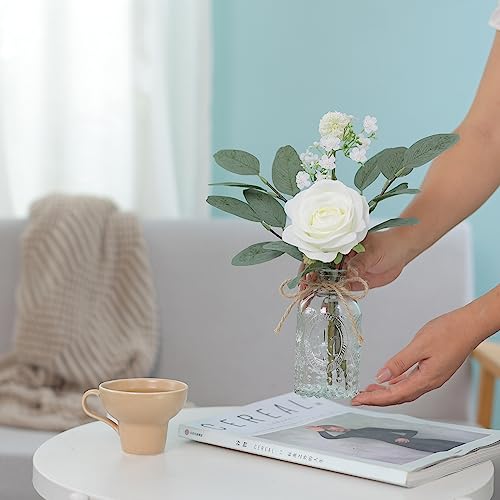 YXZZWL Faux Flowers with Bud Vase,Mini Artificial Silk Roses and Fake Eucalyptus in Glass Vase for Wedding Party Dining Table Centerpiece Decorations Office Farmhouse Home Decor (White)