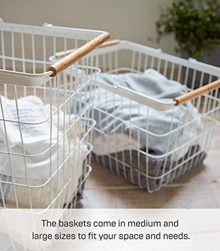 YAMAZAKI Wire Home Wooden Handles | Steel + Wood | Large | Laundry Basket, White