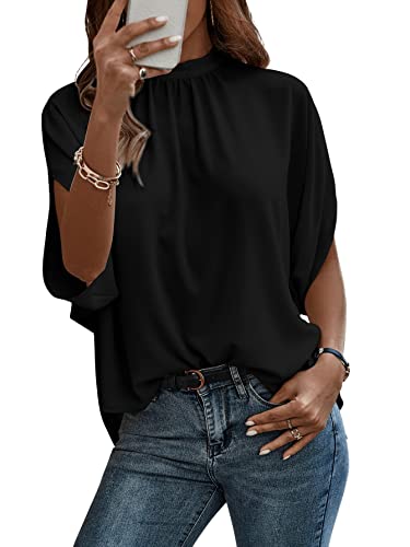 Verdusa Women's Casual Tie Back Dolman Sleeve Mock Neck Blouse Top Black M