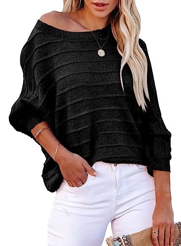 Dokotoo Womens Fall 2023 Sweater Business Casual Clothes Fashion Off The Shoulder Crew Neck Sweaters for Women Batwing Long Sleeve Ribbed Knit Pullovers Long Tunic Tops Black Medium